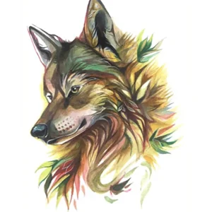 Greenery Watercolor Wolf Tattoo