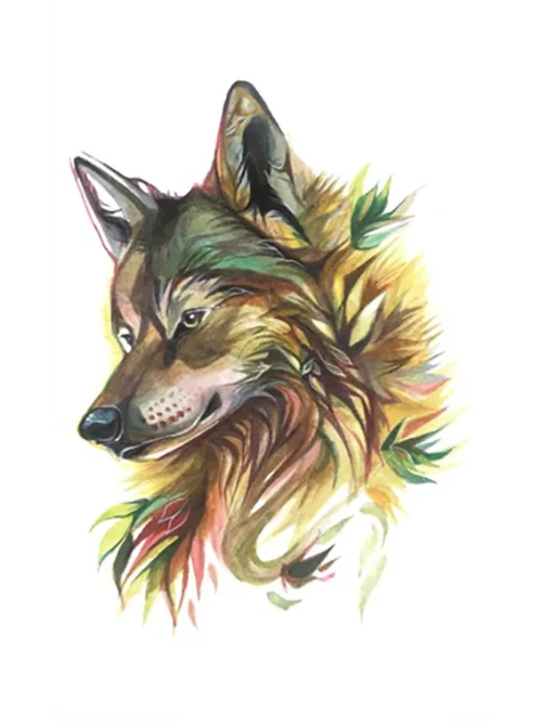 Greenery Watercolor Wolf Tattoo