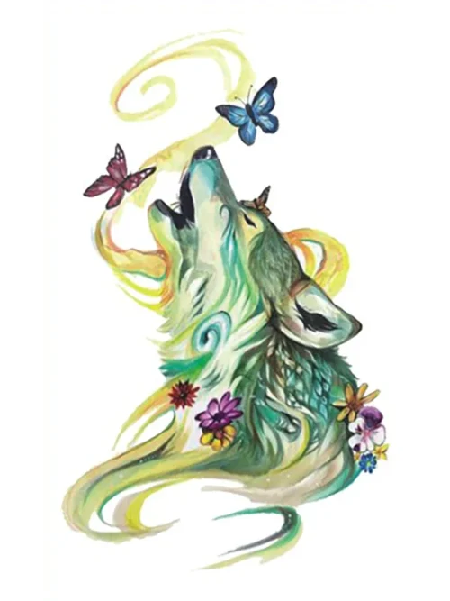 Watercolor Butterfly Wolf Tattoo