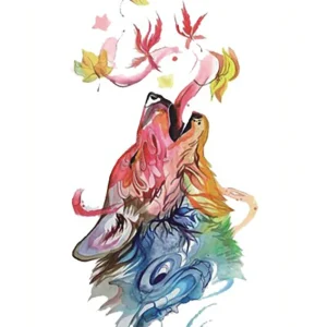 Watercolor Leaves Wolf Tattoo
