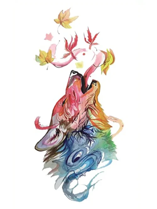 Watercolor Leaves Wolf Tattoo