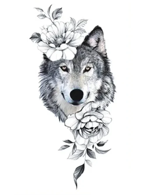 Beautiful Flowers Wolf Tattoo