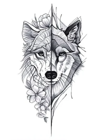 Half Flower Wolf Tattoo