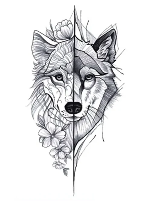 Half Flower Wolf Tattoo