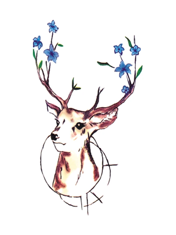 Blue Flower Deer Tattoo