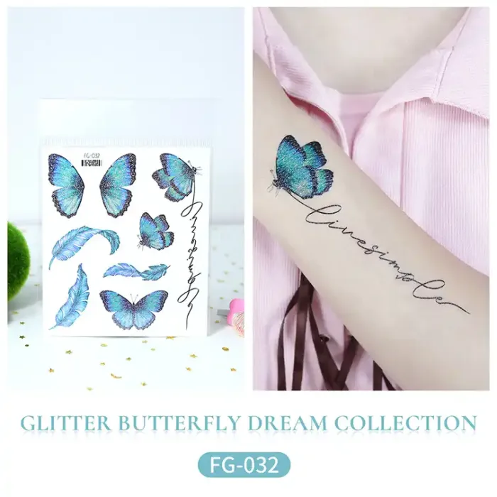 Glitter Butterfly Feather Tattoo