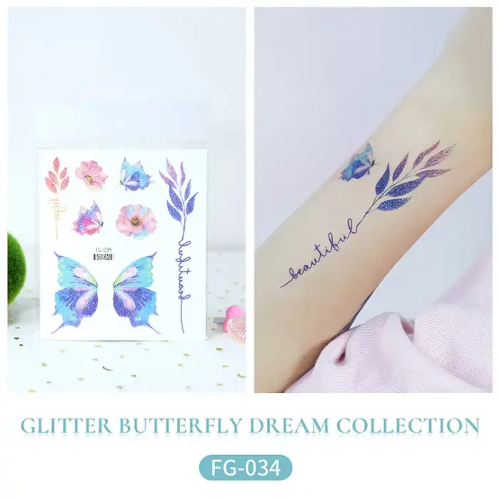 Glitter Butterfly Flower Tattoo