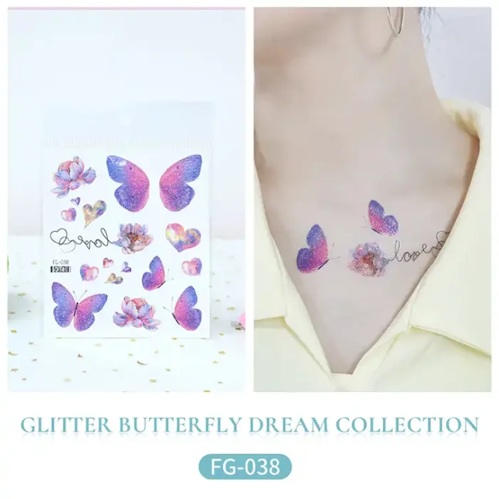 Glitter Butterfly Flowers Tattoo